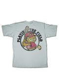 Garfield fielder graphic on a light grey adult t-shirt.