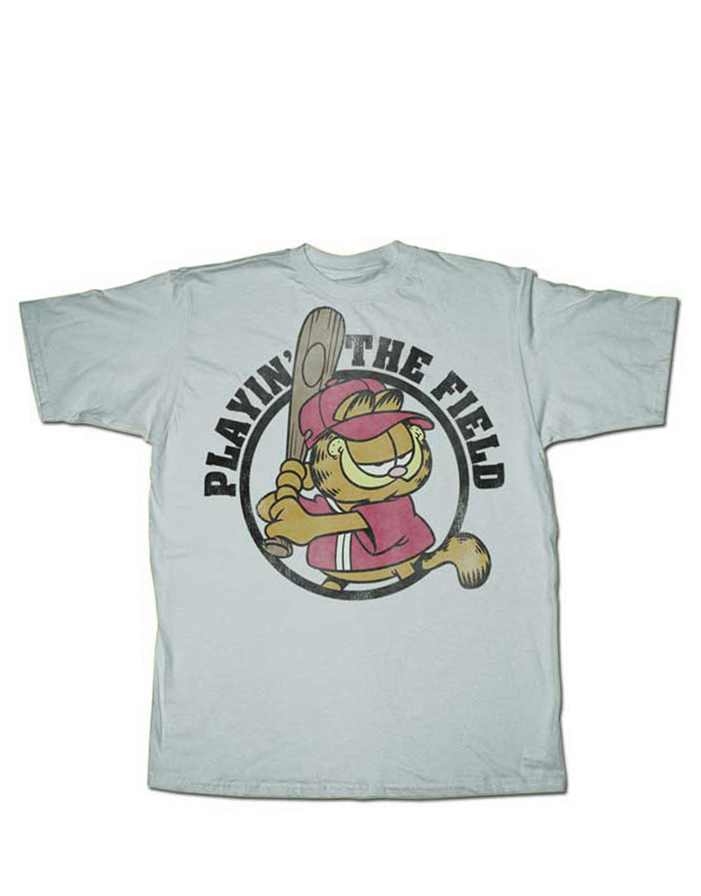 Garfield fielder graphic on a light grey adult t-shirt.