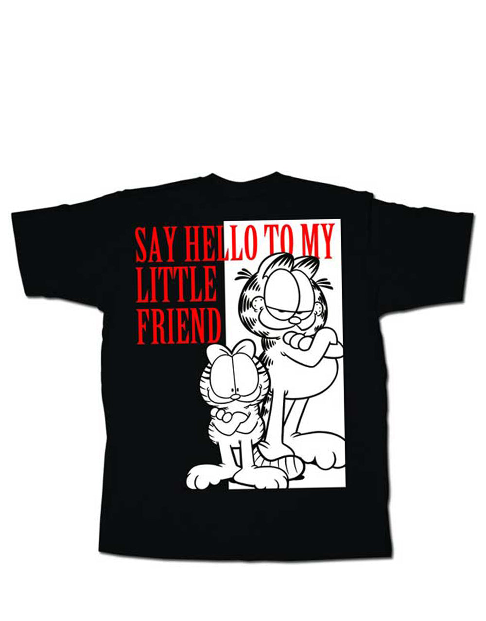 Garfield little friend graphic on a black adult t-shirt.