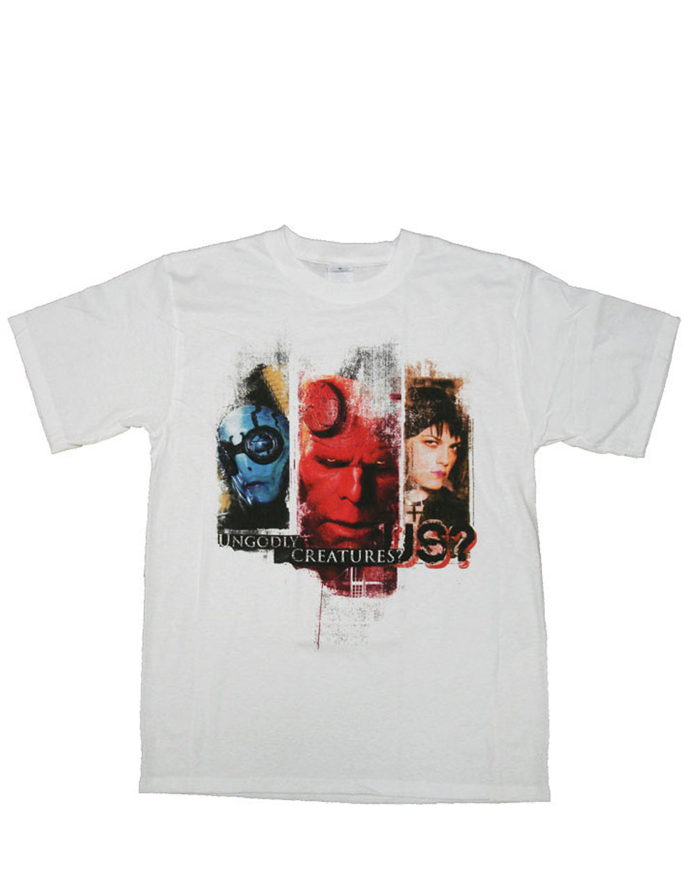 Hellboy ungodly creatures graphic on a white adult t-shirt.