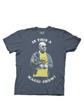 Magic show graphic on a blue adult t-shirt.