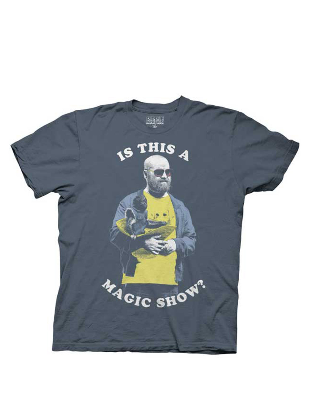 Magic show graphic on a blue adult t-shirt.