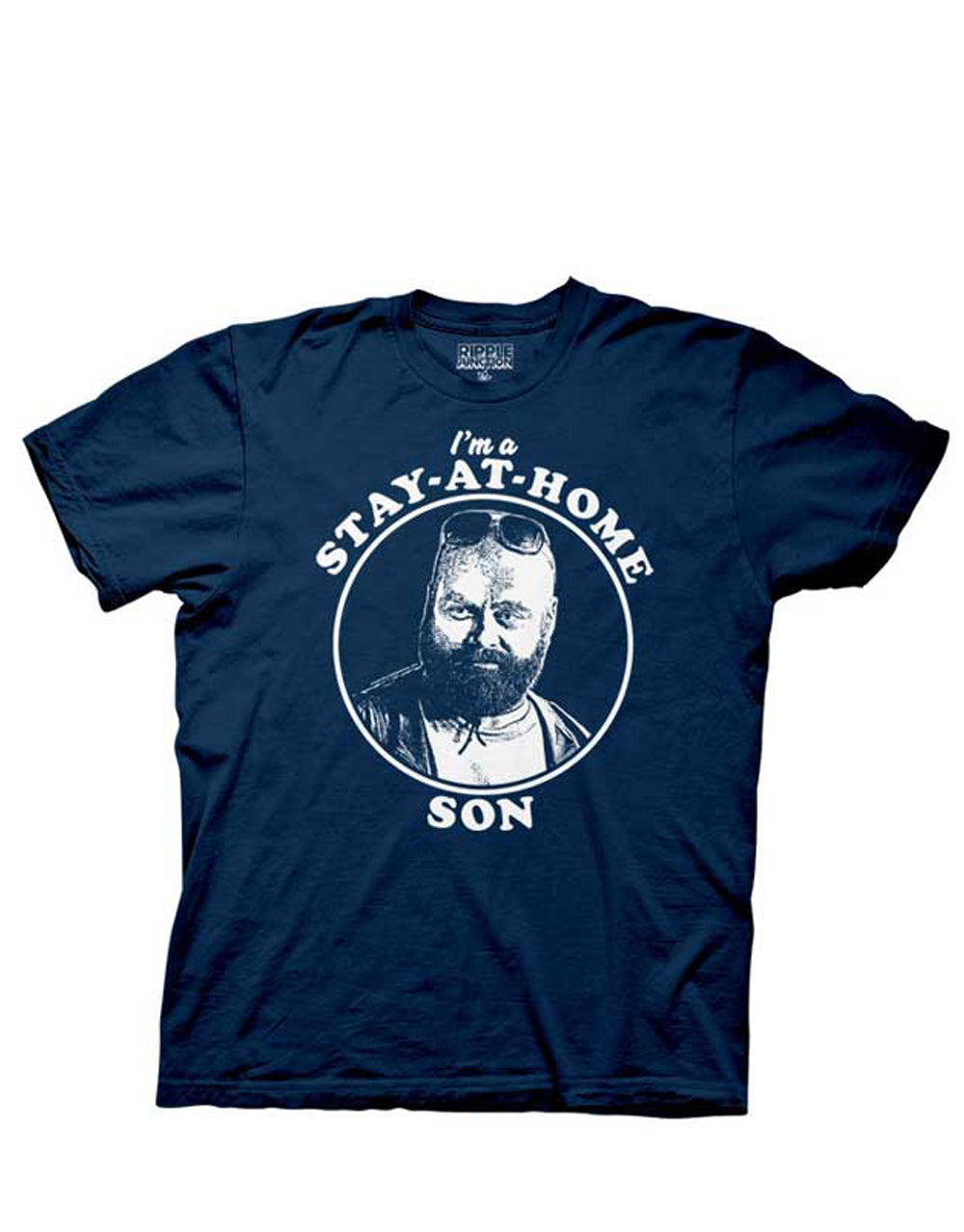Stay at home graphic on a navy blue adult t-shirt.