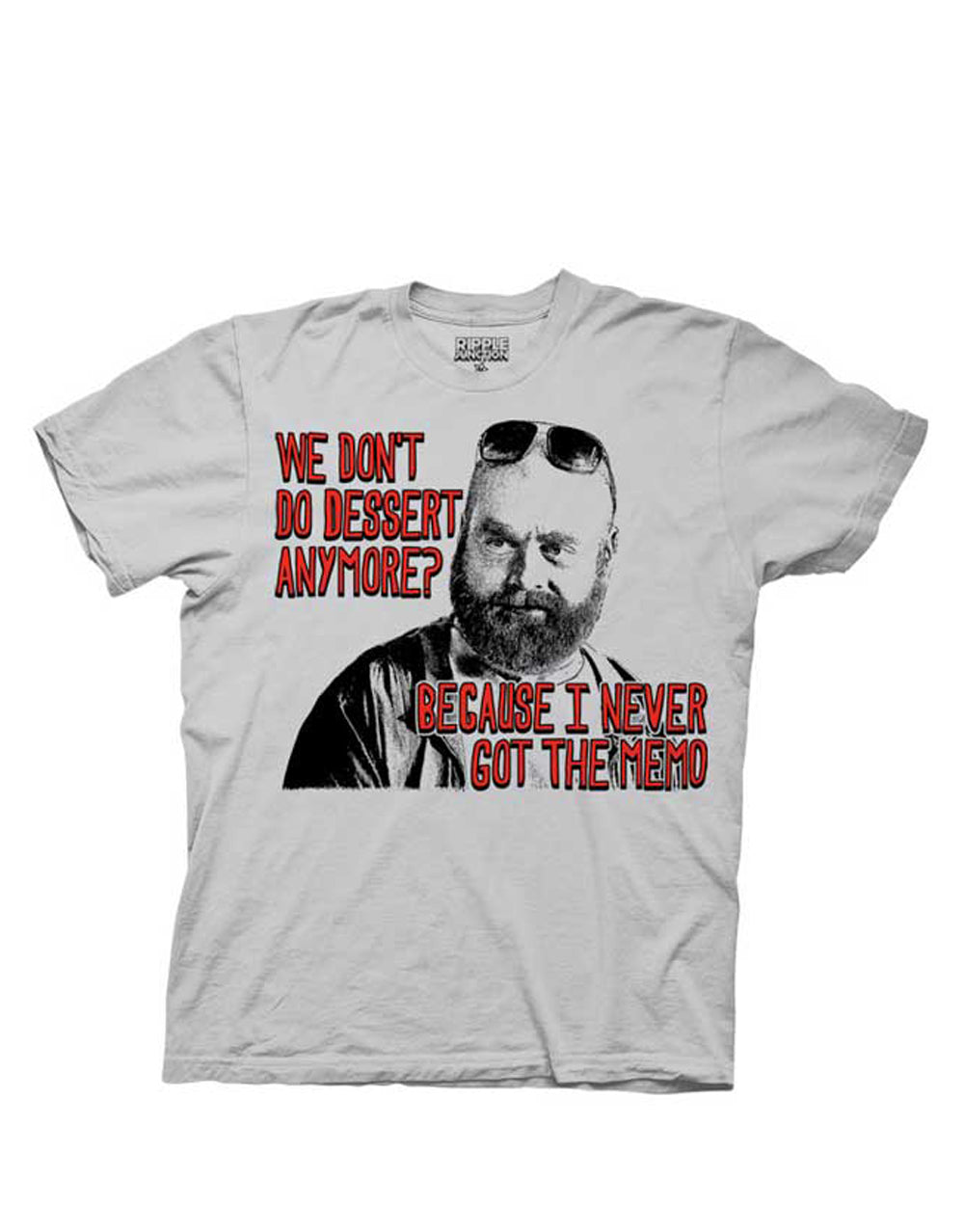 Dessert memo graphic on a grey adult t-shirt.