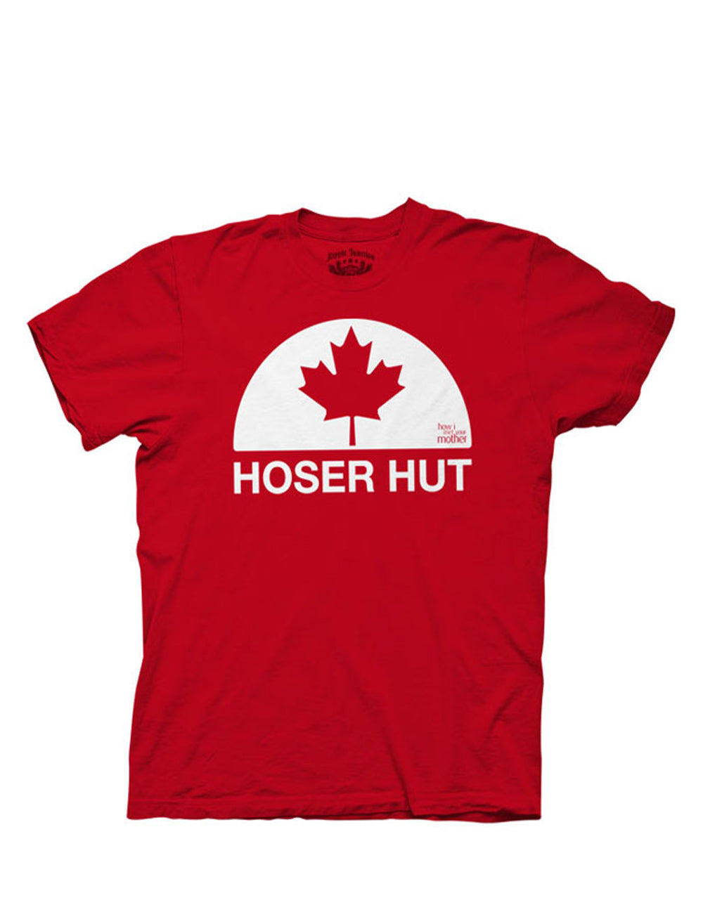 Hoser hut graphic on a red adult t-shirt.