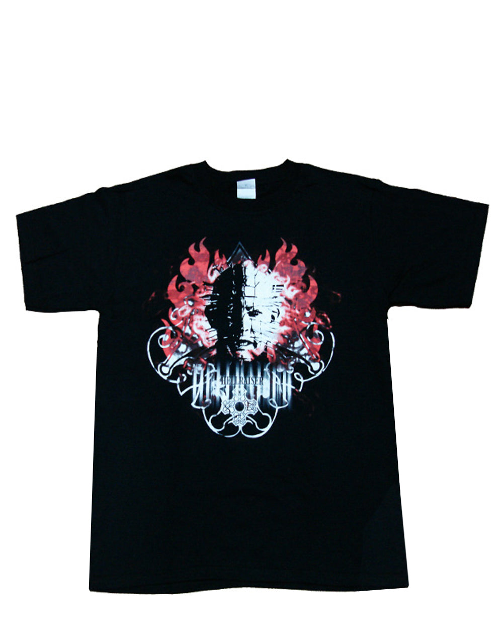 Hellraiser Pinhead Cenobite hell fire graphic on a black adult t-shirt.