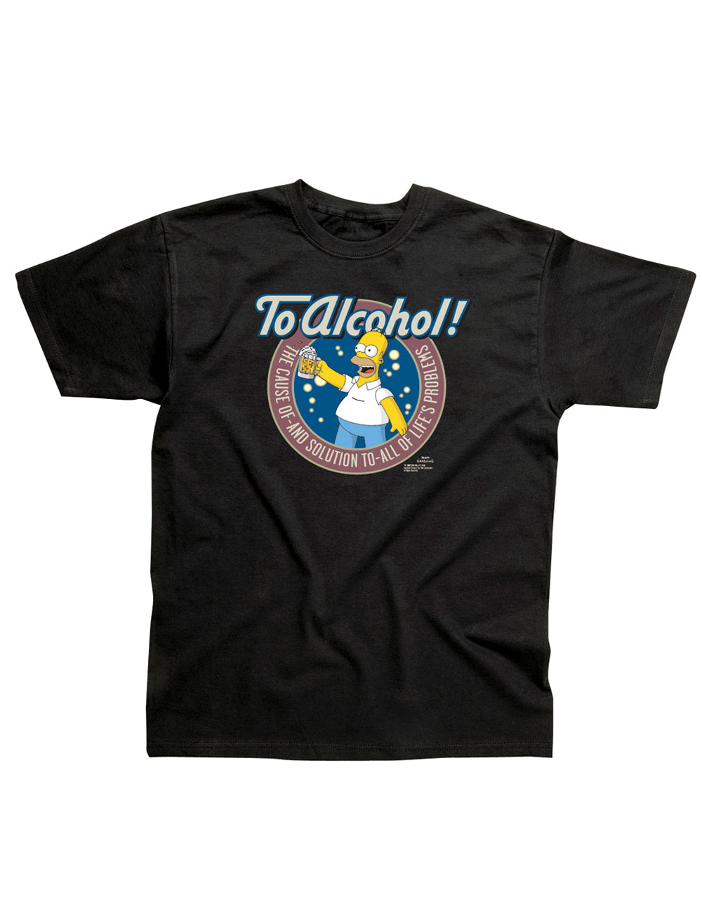 The Simpsons Homer to alcohol graphic on a black adult t-shirt.