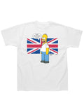 The Simpsons Homer Union Jack graphic on a white adult t-shirt.