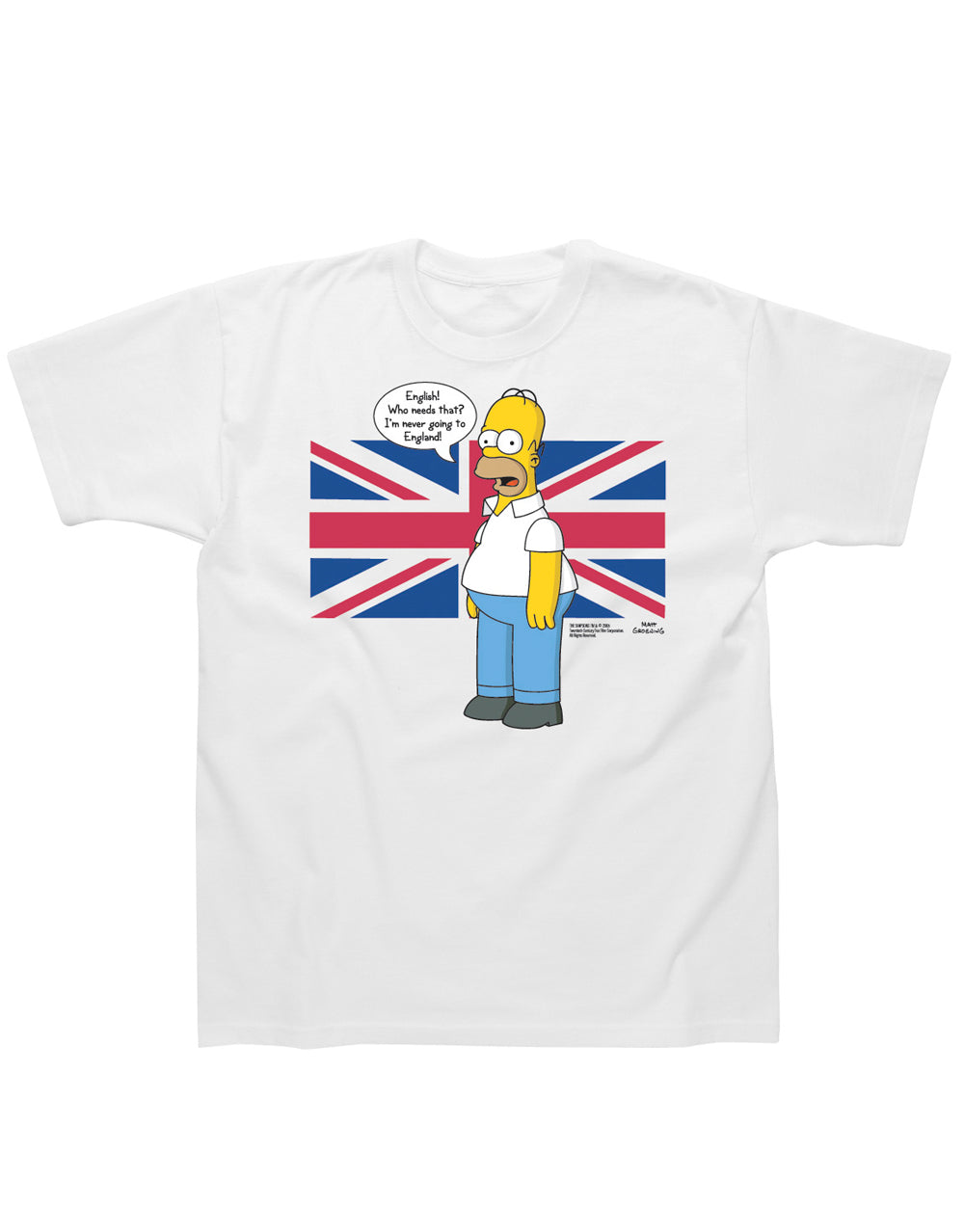 The Simpsons Homer Union Jack graphic on a white adult t-shirt.