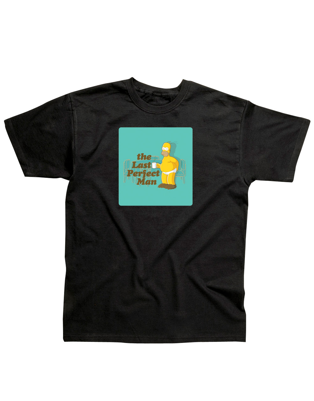 The Simpsons Homer last perfect man graphic on a black adult t-shirt.