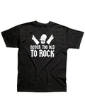 The Simpsons Homer never too old to rock graphic on a black adult t-shirt.