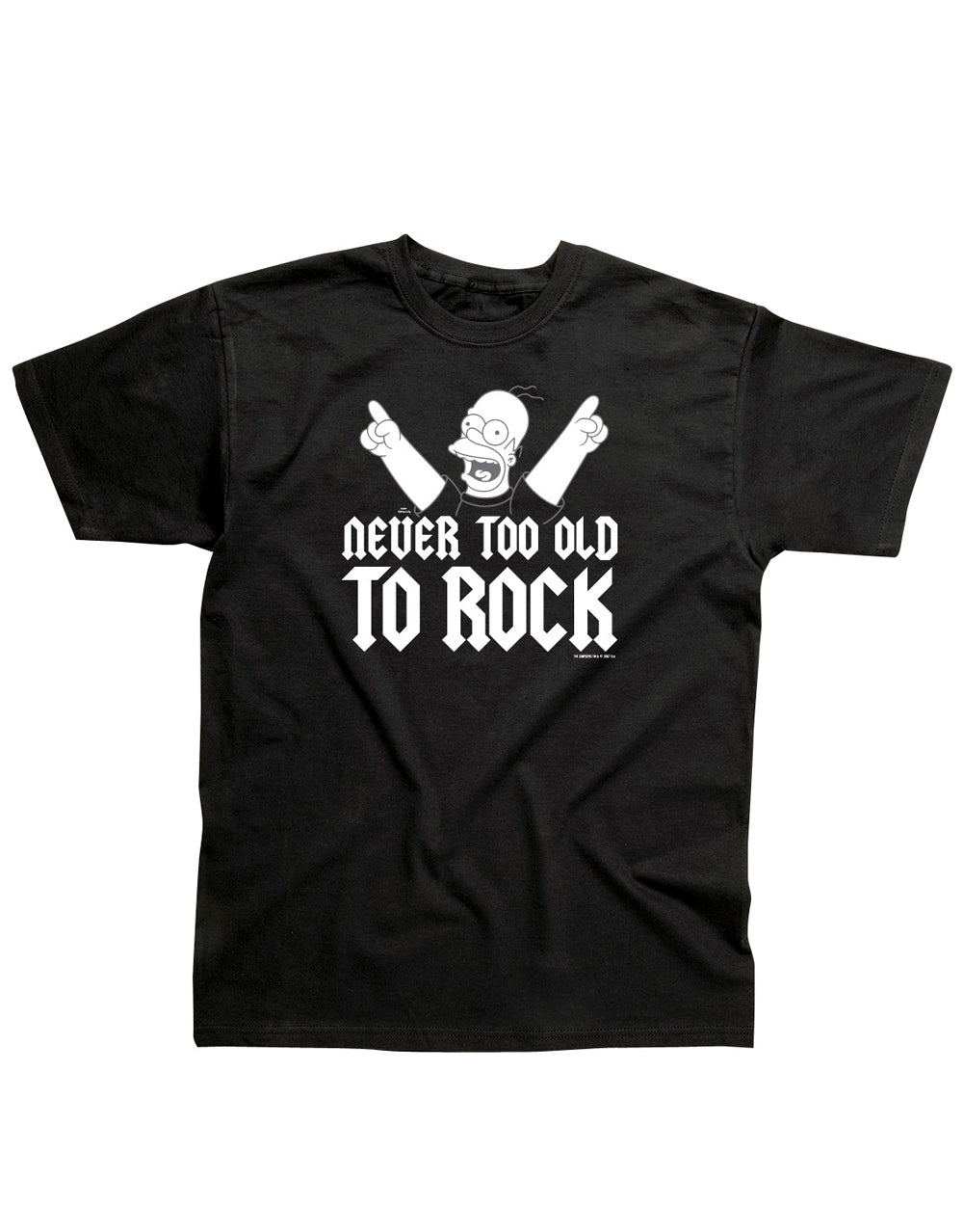 The Simpsons Homer never too old to rock graphic on a black adult t-shirt.