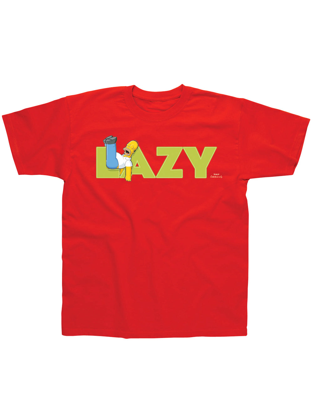 The Simpsons Homer lazy graphic on a red adult t-shirt.