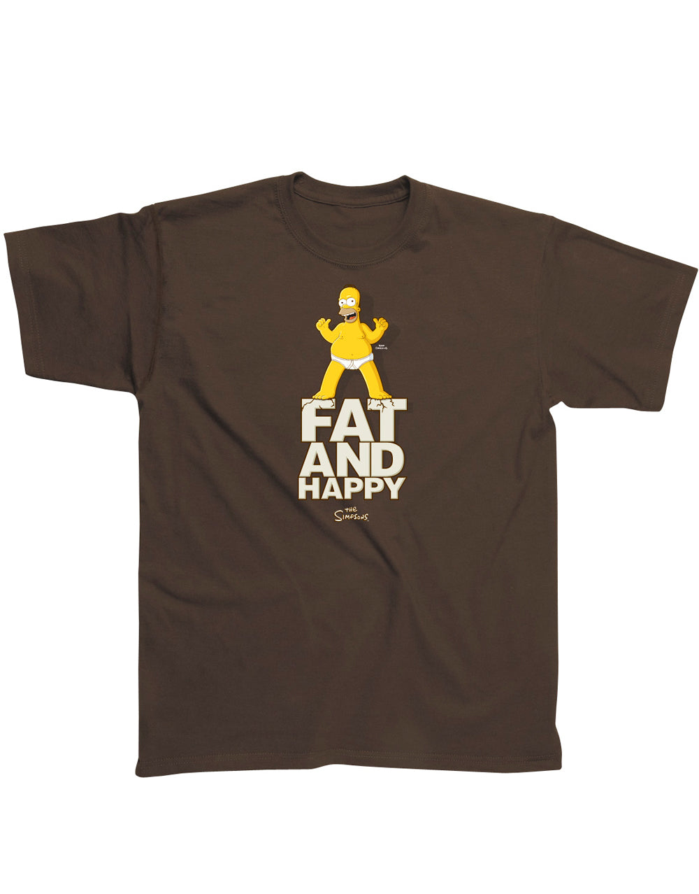 The Simpsons fat and happy graphic on a brown adult t-shirt.