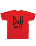 The Simpsons Duff Beer graphic on a red adult t-shirt.