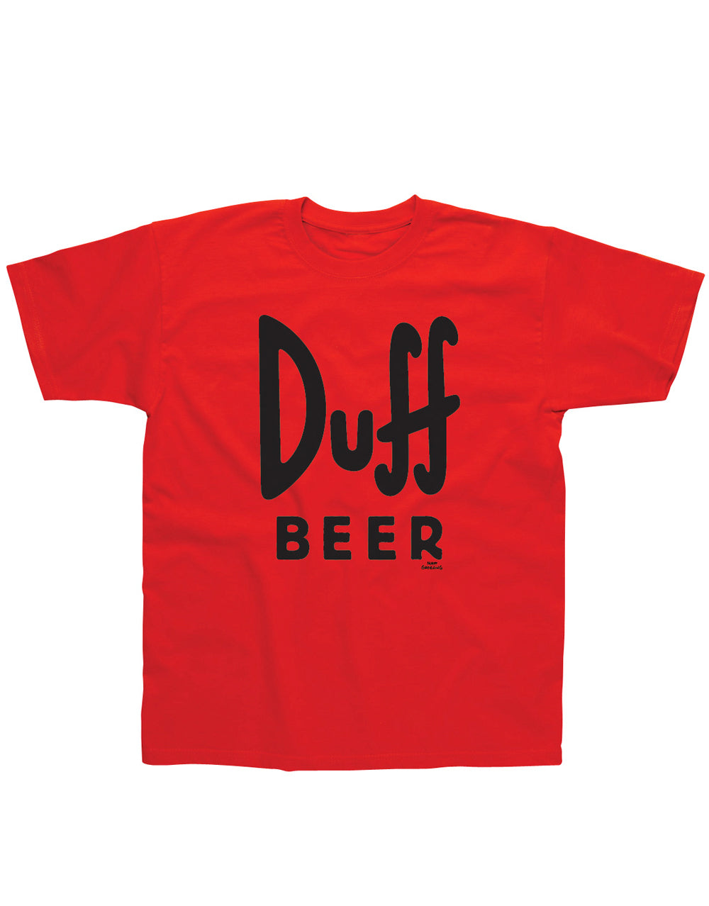 The Simpsons Duff Beer graphic on a red adult t-shirt.