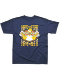 The Simpsons have a beer graphic on a navy adult t-shirt.