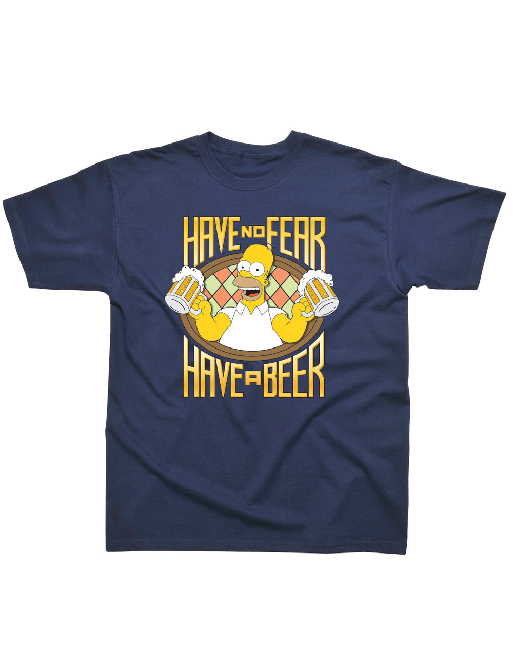 The Simpsons have a beer graphic on a navy adult t-shirt.