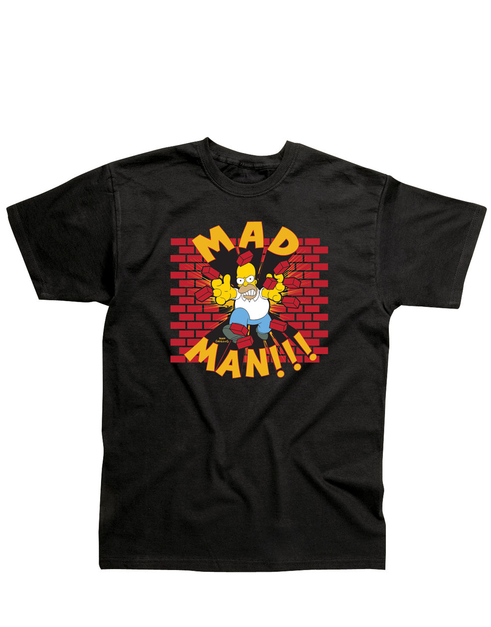 The Simpsons Homer mad man graphic on a black adult t-shirt.