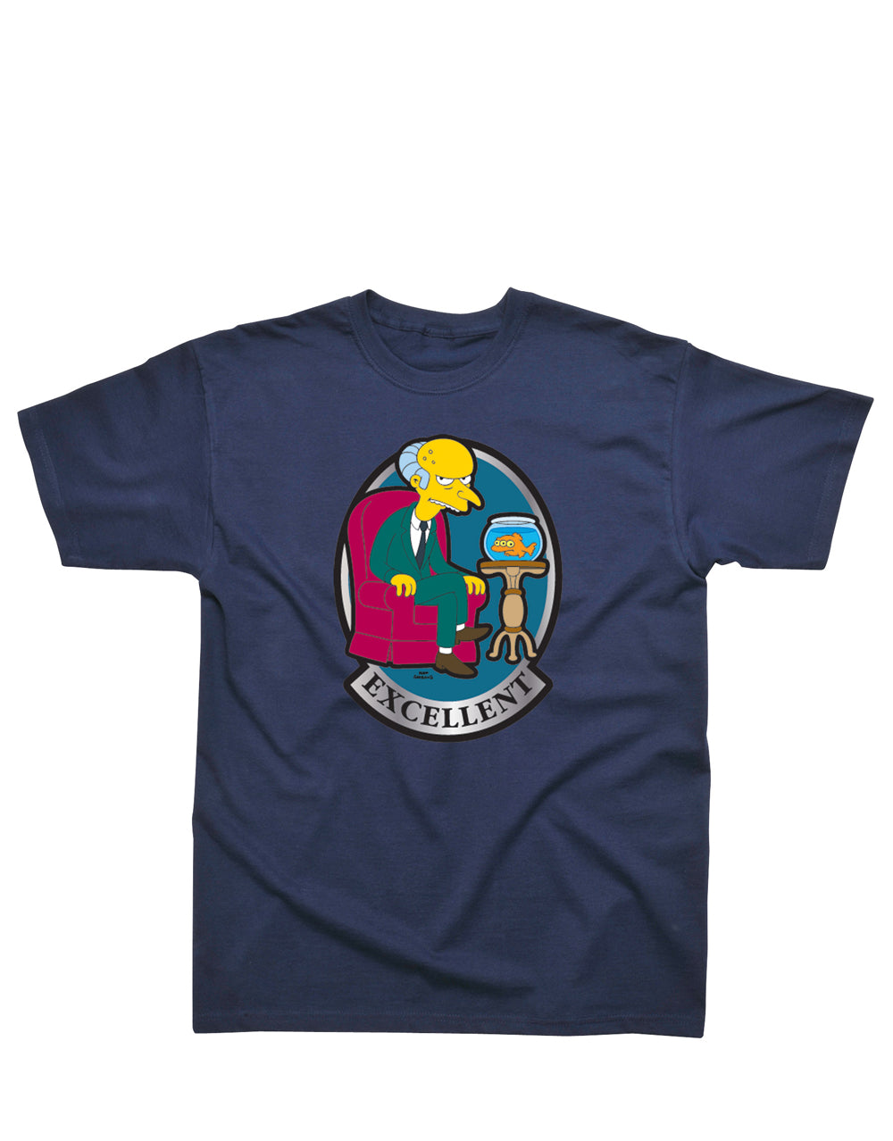 The Simpsons Mr Burns excellent graphic on a navy adult t-shirt.