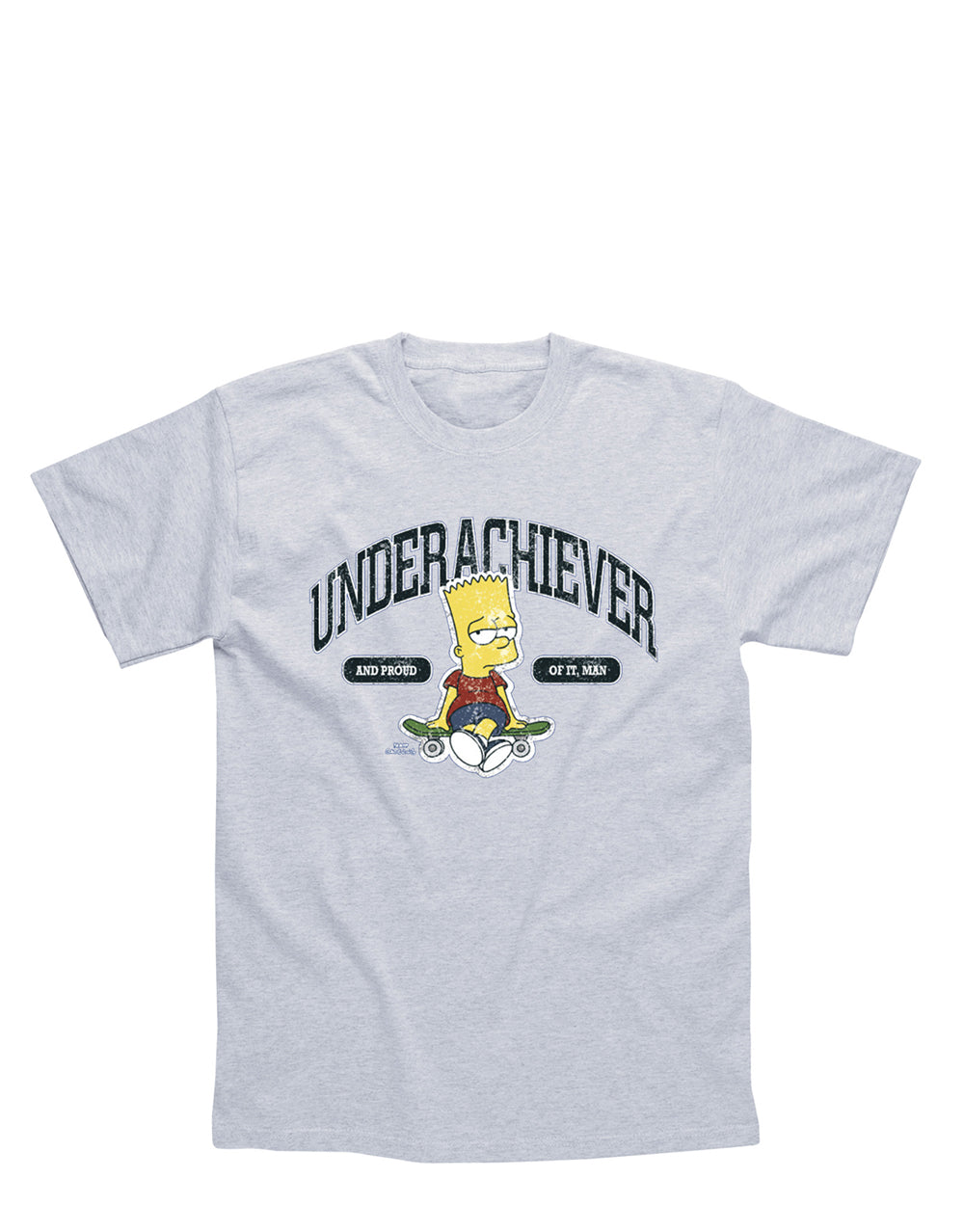 The Simpsons Bart underachiever graphic on a grey kids t-shirt.