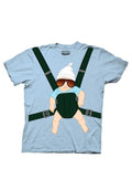 The Hangover baby carrier graphic on a blue adult t-shirt.