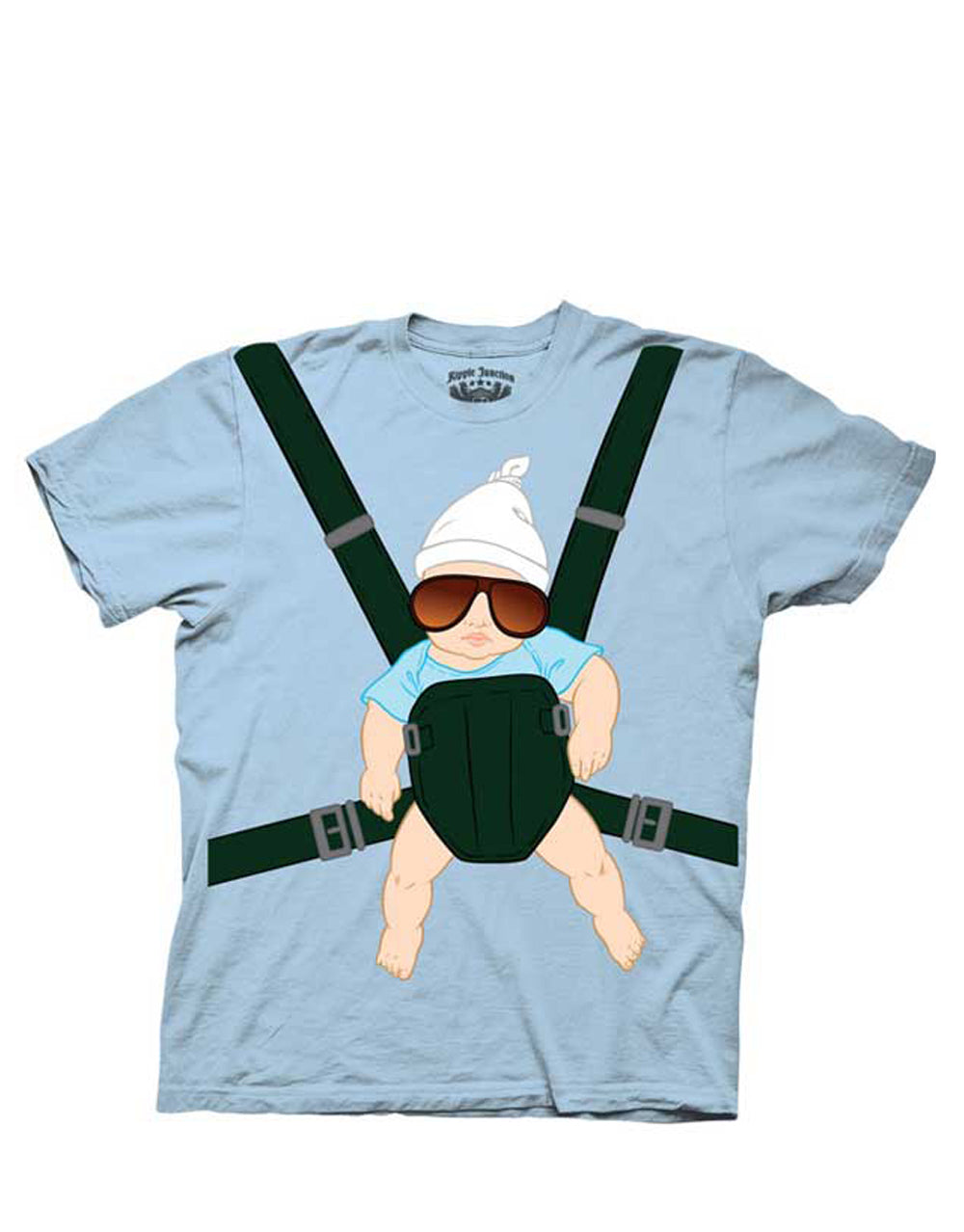The Hangover baby carrier graphic on a blue adult t-shirt.