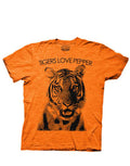 Tigers love pepper graphic on an orange adult t-shirt.