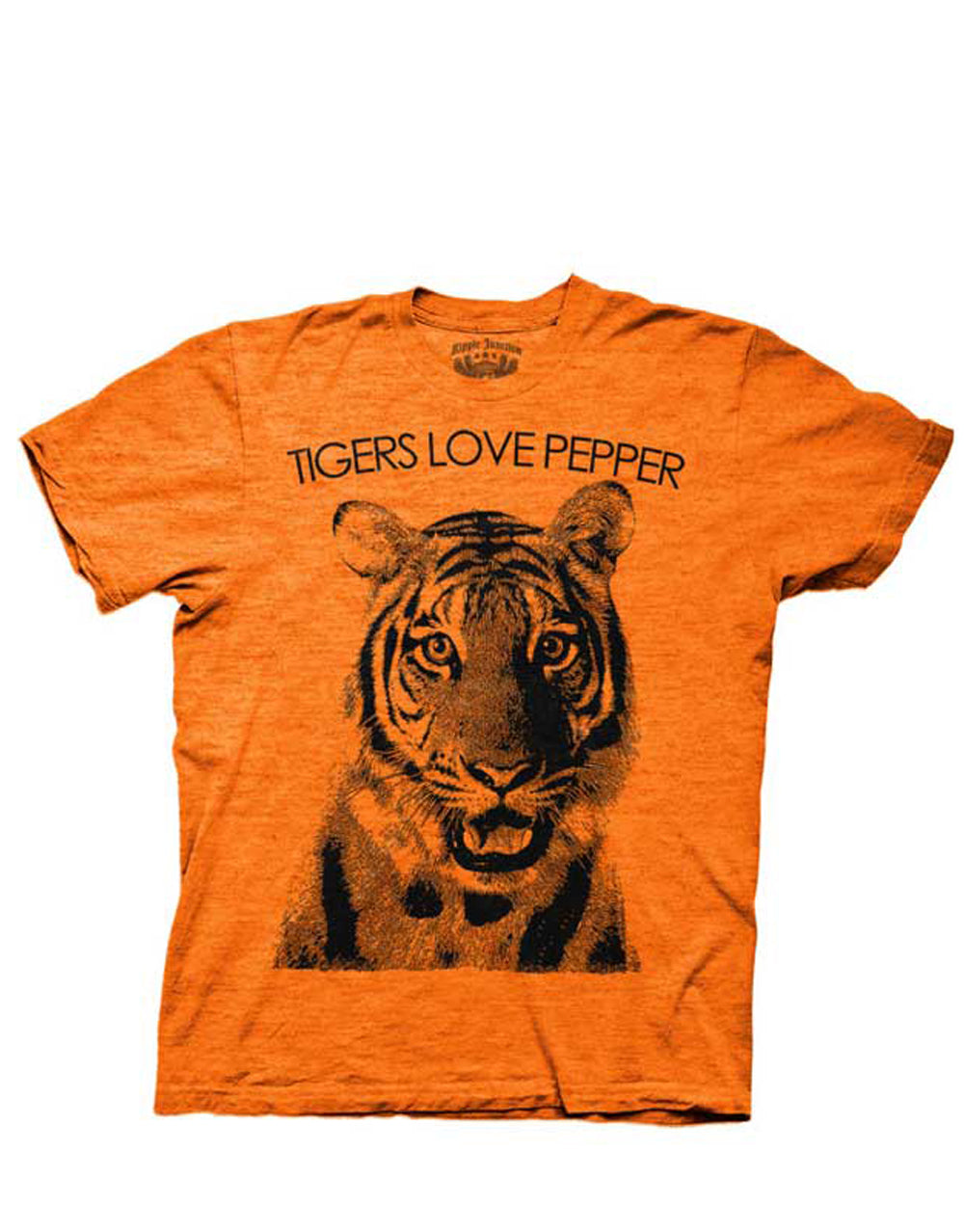 Tigers love pepper graphic on an orange adult t-shirt.
