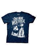 The Hangover one man wolfpack graphic on a navy blue adult t-shirt.