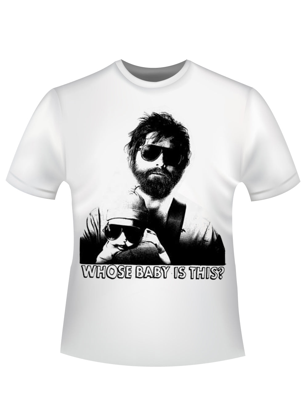 The Hangover whose baby graphic on a white adult t-shirt.
