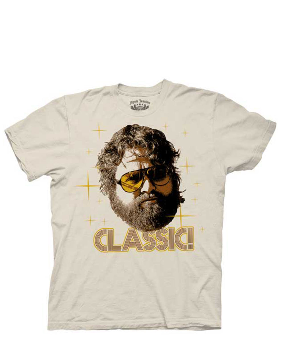 The Hangover classic graphic on a beige adult t-shirt.