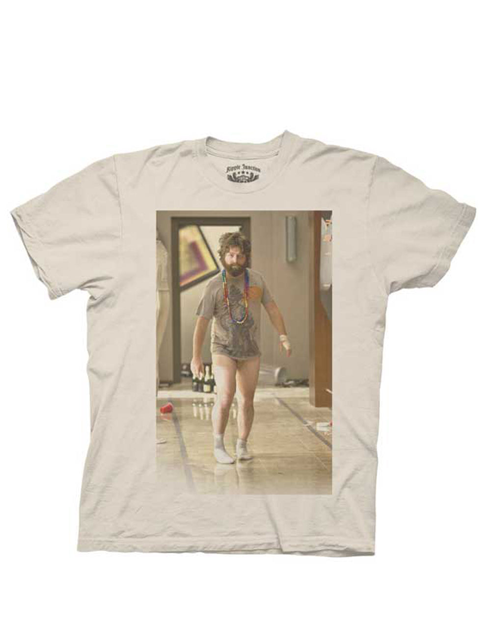 The Hangover Alan in underwear graphic on a beige adult t-shirt.
