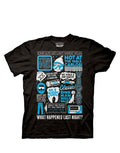 The Hangover spoiler graphic on a black adult t-shirt.