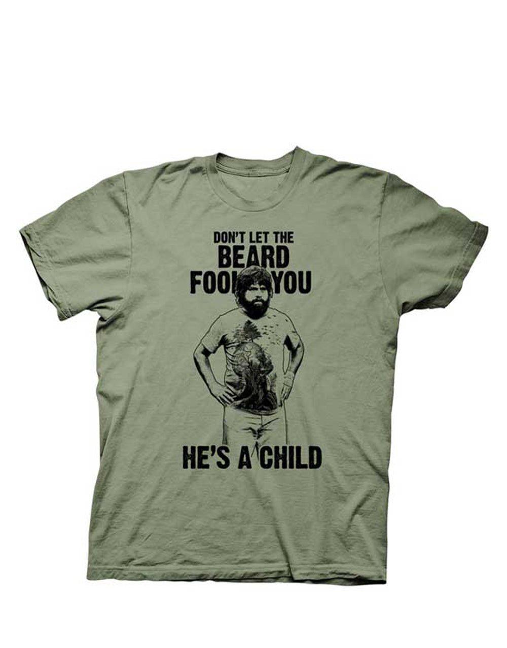 The Hangover he's a child graphic on a green adult t-shirt.