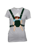 Baby carrier graphic on a grey women's t-shirt.