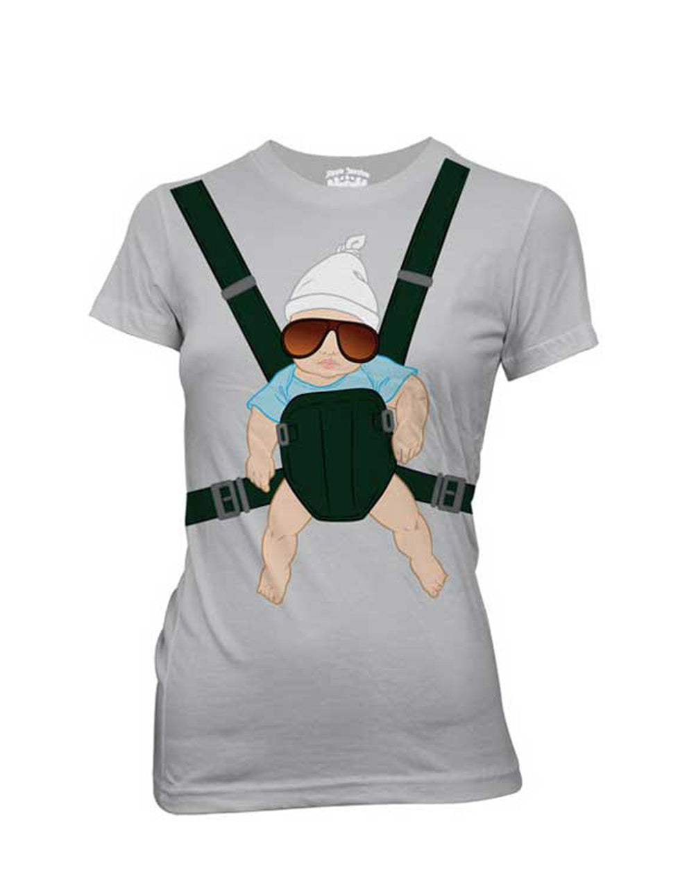 Baby carrier graphic on a grey women's t-shirt.