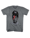 Audrey Hepburn audinsane graphic on a heathered grey adult t-shirt.