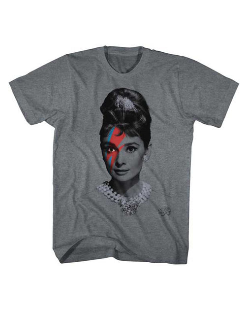 Audrey Hepburn audinsane graphic on a heathered grey adult t-shirt.