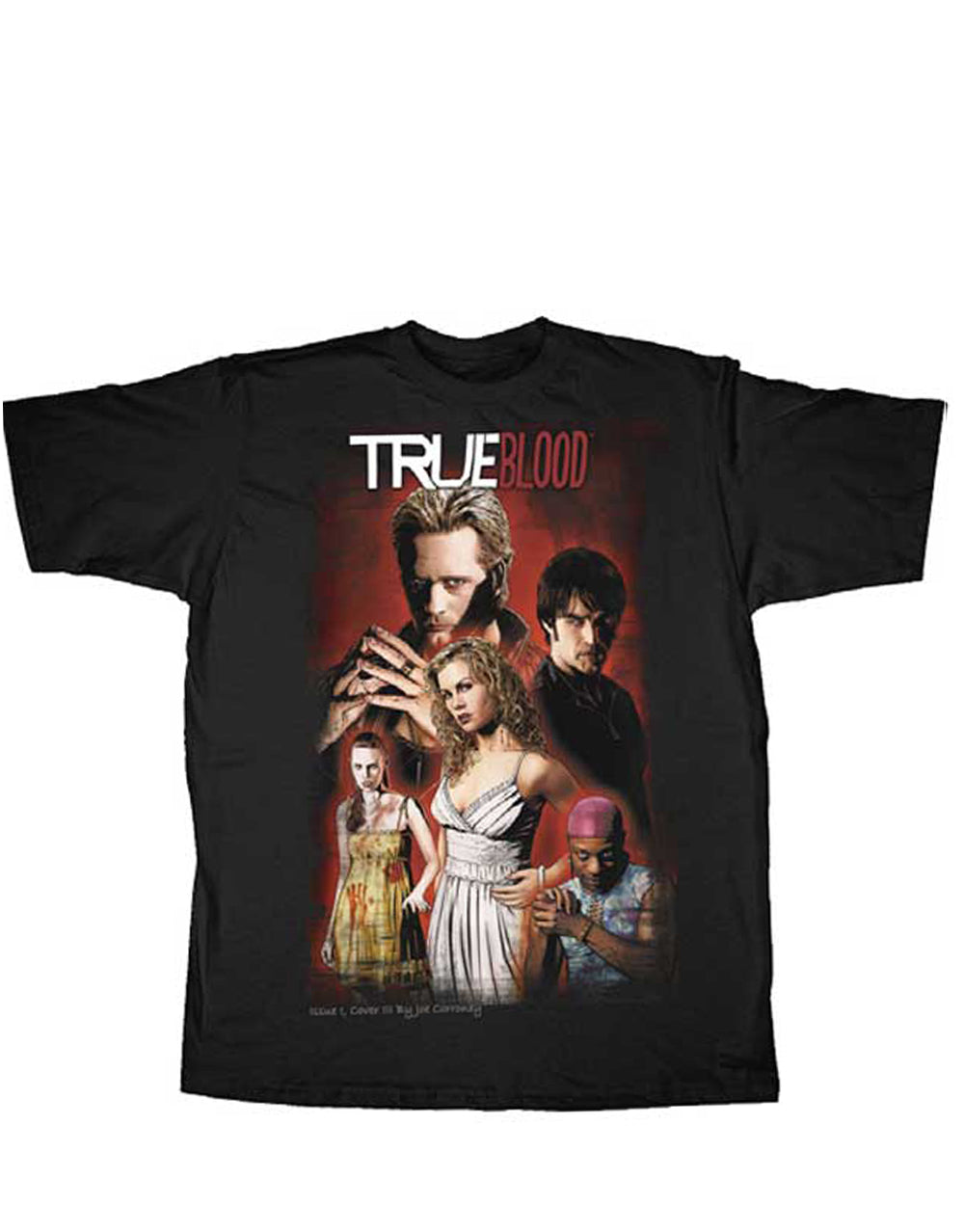 True Blood group graphic on a black adult t-shirt.