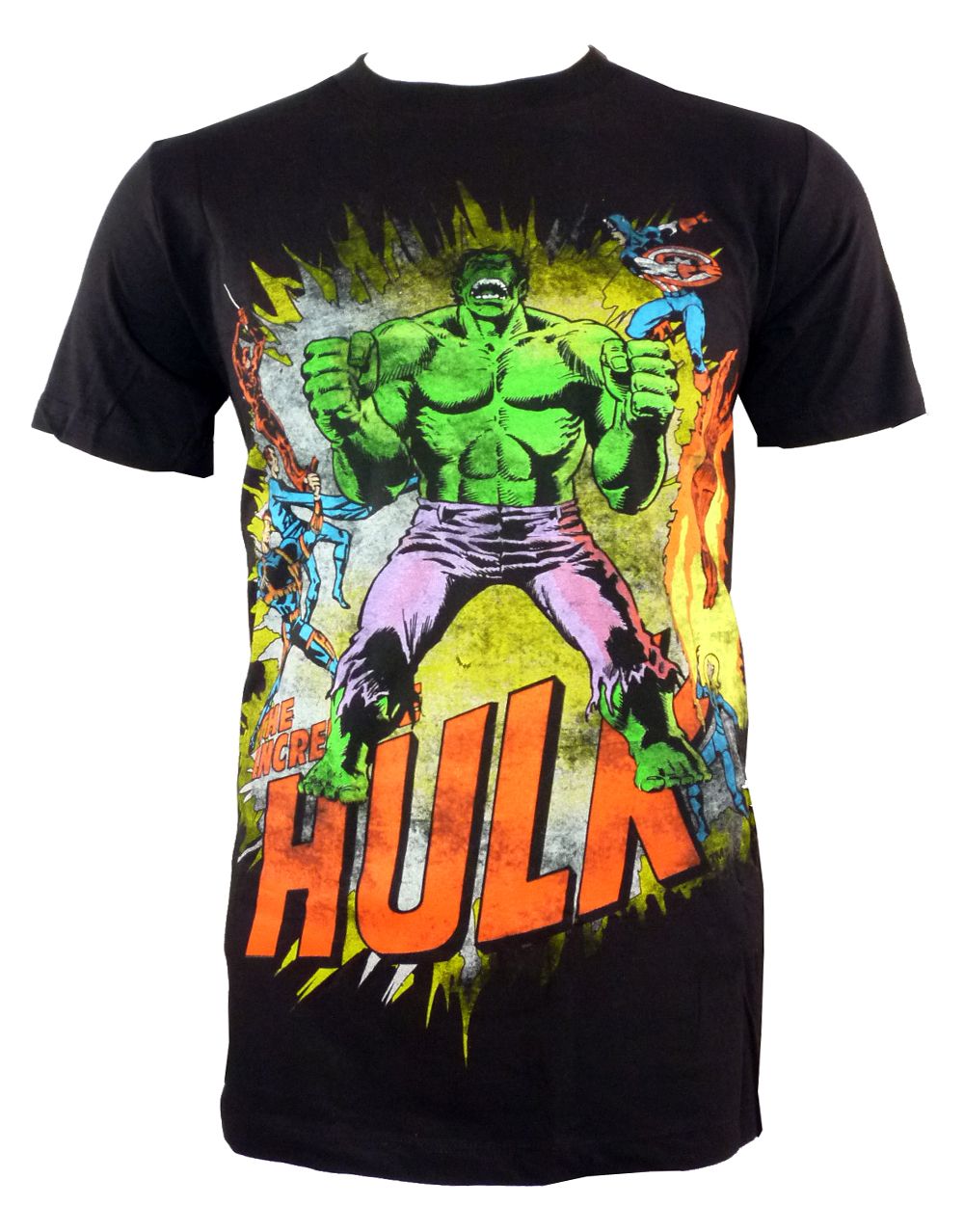 The Incredible Hulk avengers graphic on a black adult t-shirt.