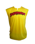 WWE Hulk Hogan hulkamania muscle graphic on a yellow adult t-shirt.