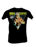 WWE Hulk Hogan world champion graphic on a black adult t-shirt.