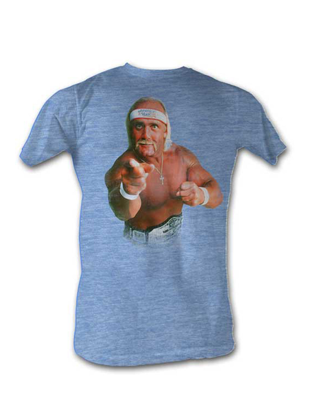 WWE Hulk Hogan faded graphic on a heathered blue adult t-shirt.