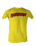 WWE Hulk Hogan hulkamania graphic on a yellow adult t-shirt.
