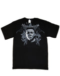Halloween Michael Myers portrait of madness graphic on a black adult t-shirt.