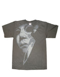 Halloween Michael Myers discharge graphic on a dark grey adult t-shirt.