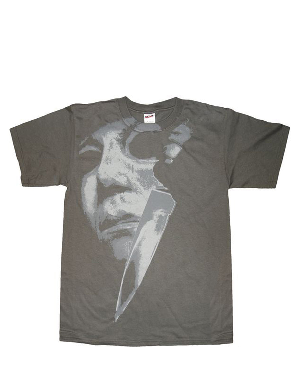 Halloween Michael Myers discharge graphic on a dark grey adult t-shirt.