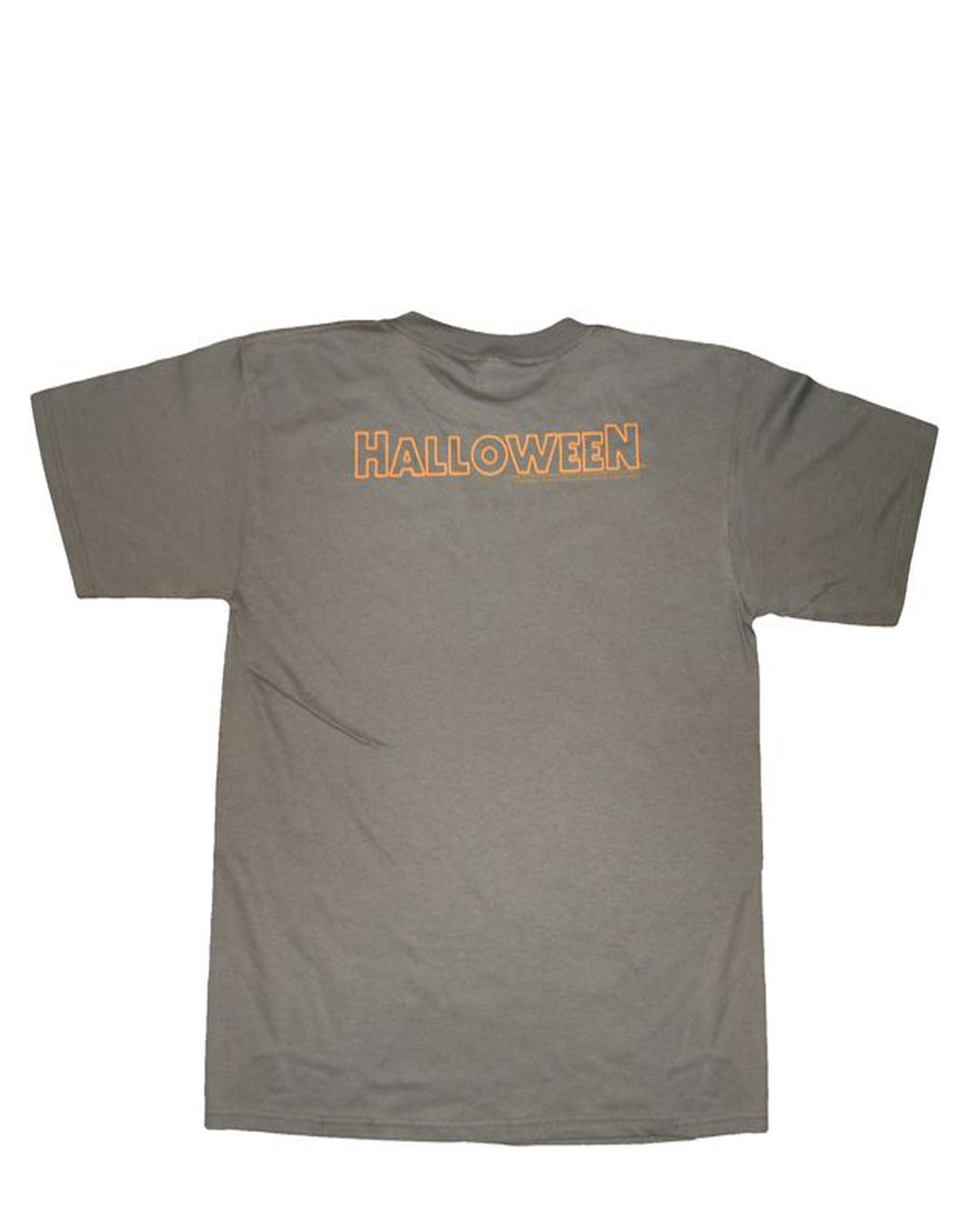 Halloween Michael Myers discharge graphic on a dark grey adult t-shirt.