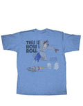 Inspector Gadget roller graphic on a heathered light blue adult t-shirt.